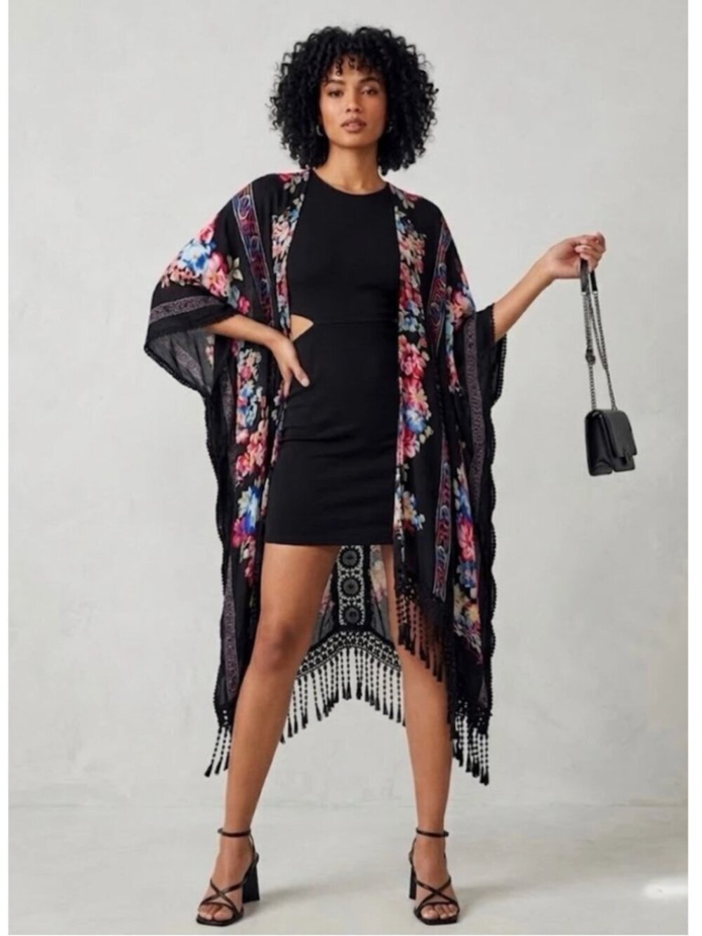 Woven Heart fringe hem open front long kimono